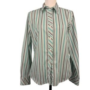FOXCROFT 10 Women's Shaped Fit Button Front Classic Shirt Green Blue Stripe